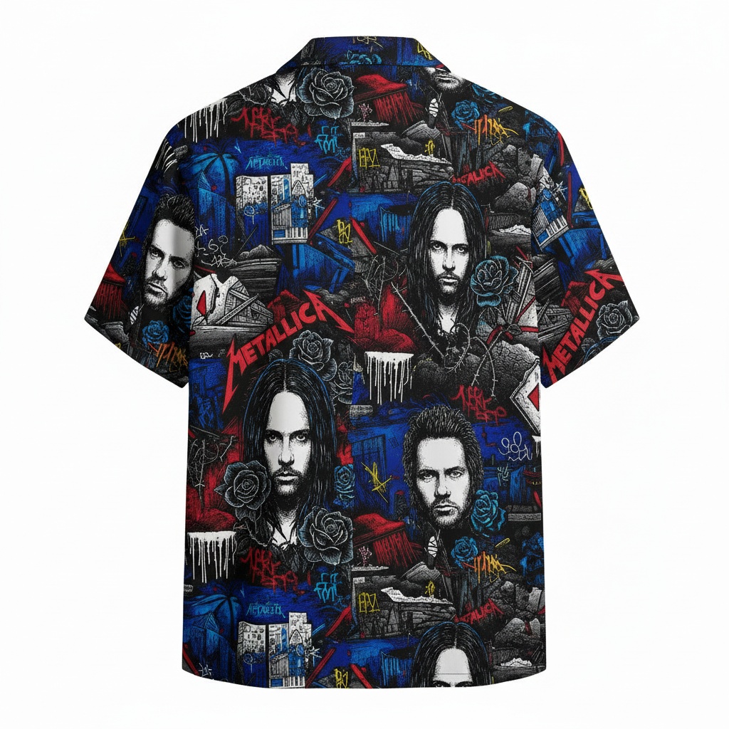 Metallica Band Members Hawaiian Shirt Blue Red Rock Music Back - Fadebrick.com
