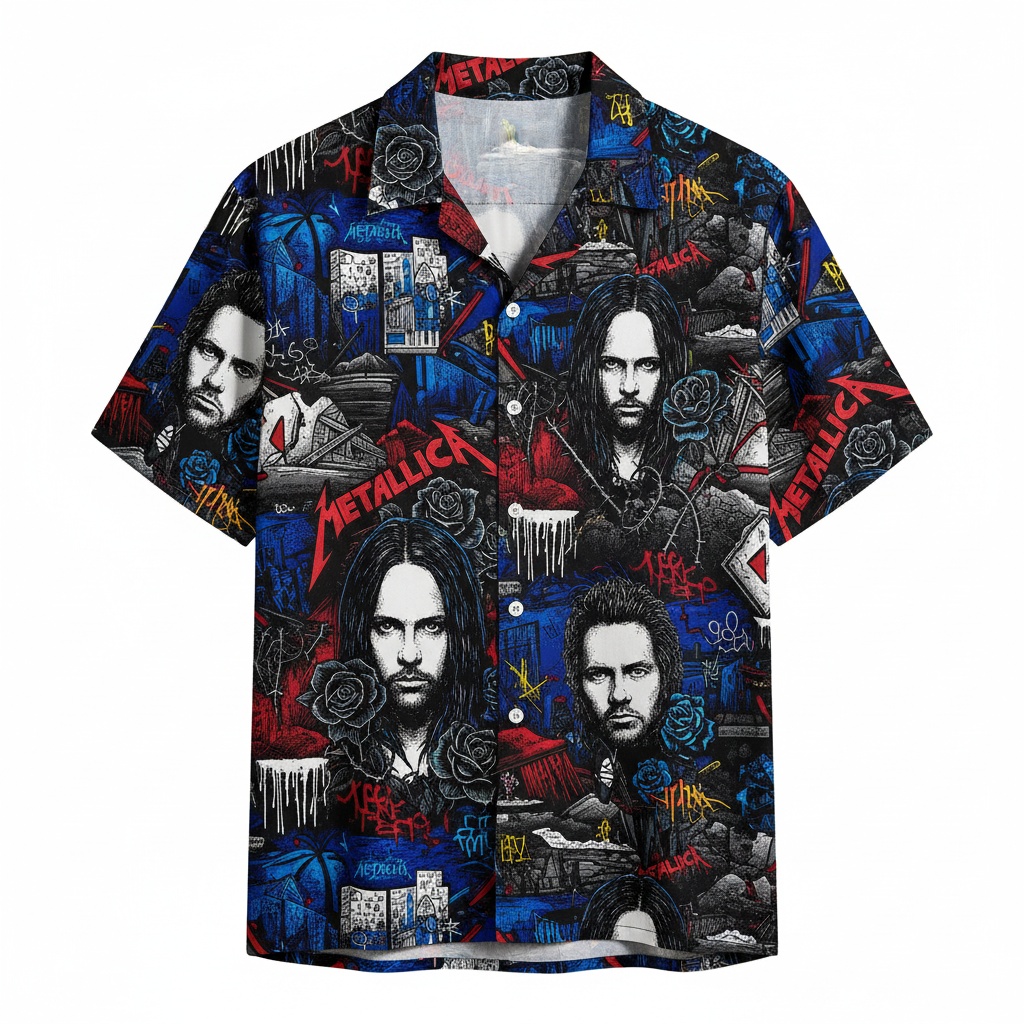 Metallica Band Members Hawaiian Shirt Blue Red Rock Music Front - Fadebrick.com