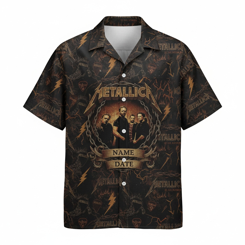 Metallica Band Themed Black Hawaiian Shirt Rock Music Fan Front - Fadebrick.com