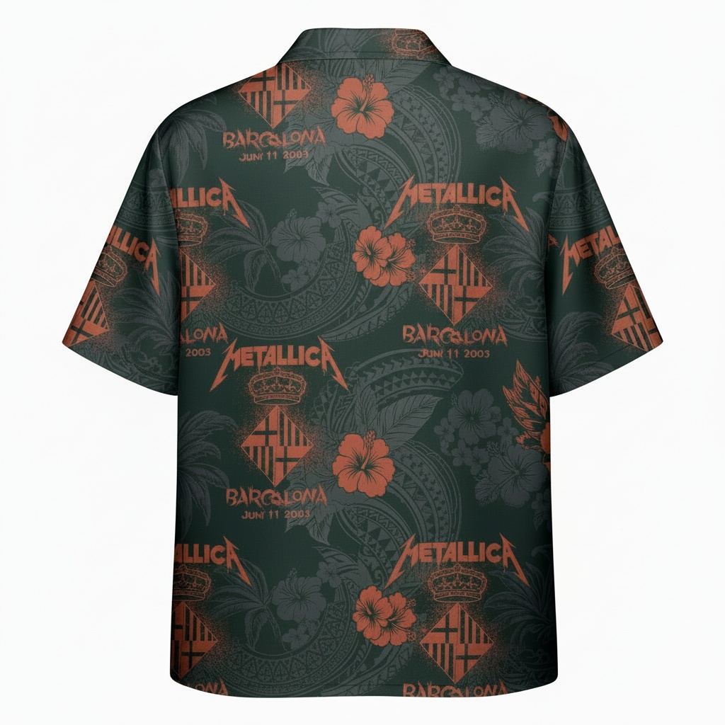 Metallica Barcelona 2003 Hawaiian Shirt Dark Green Floral Back - Fadebrick.com