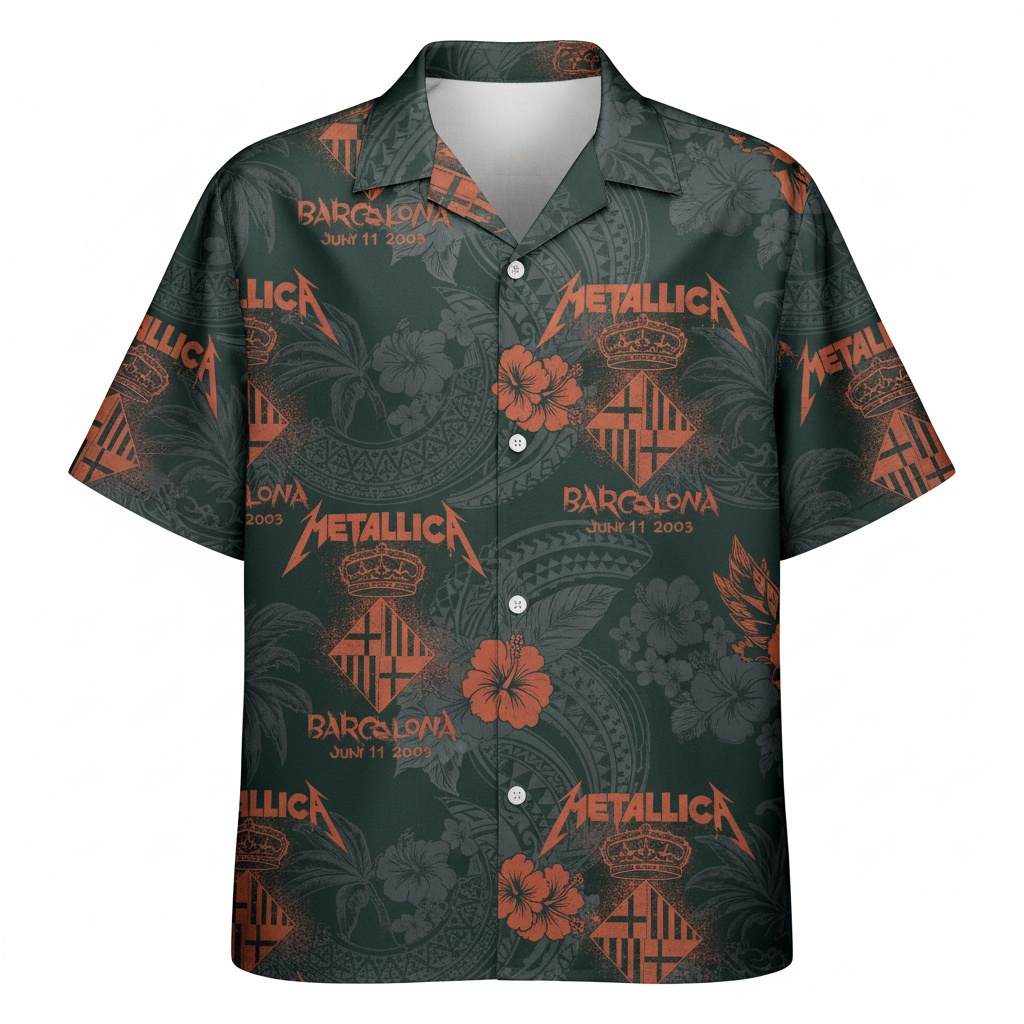 Metallica Barcelona 2003 Hawaiian Shirt Dark Green Floral Front - Fadebrick.com