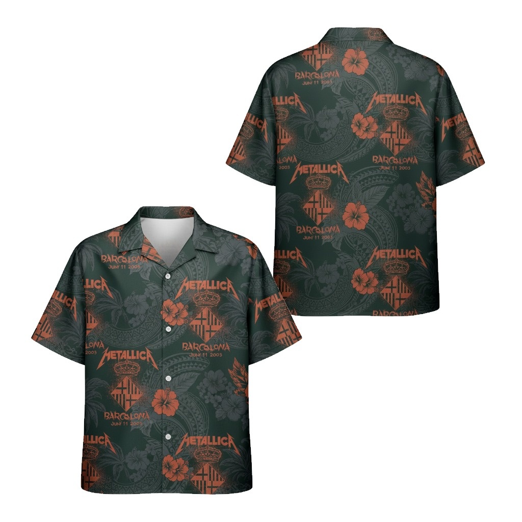 Metallica Barcelona 2003 Hawaiian Shirt Dark Green Floral - Fadebrick.com