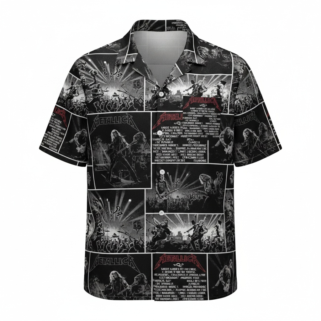Metallica Black Graphic Print Button Up Shirt Rock Band Front - Fadebrick.com