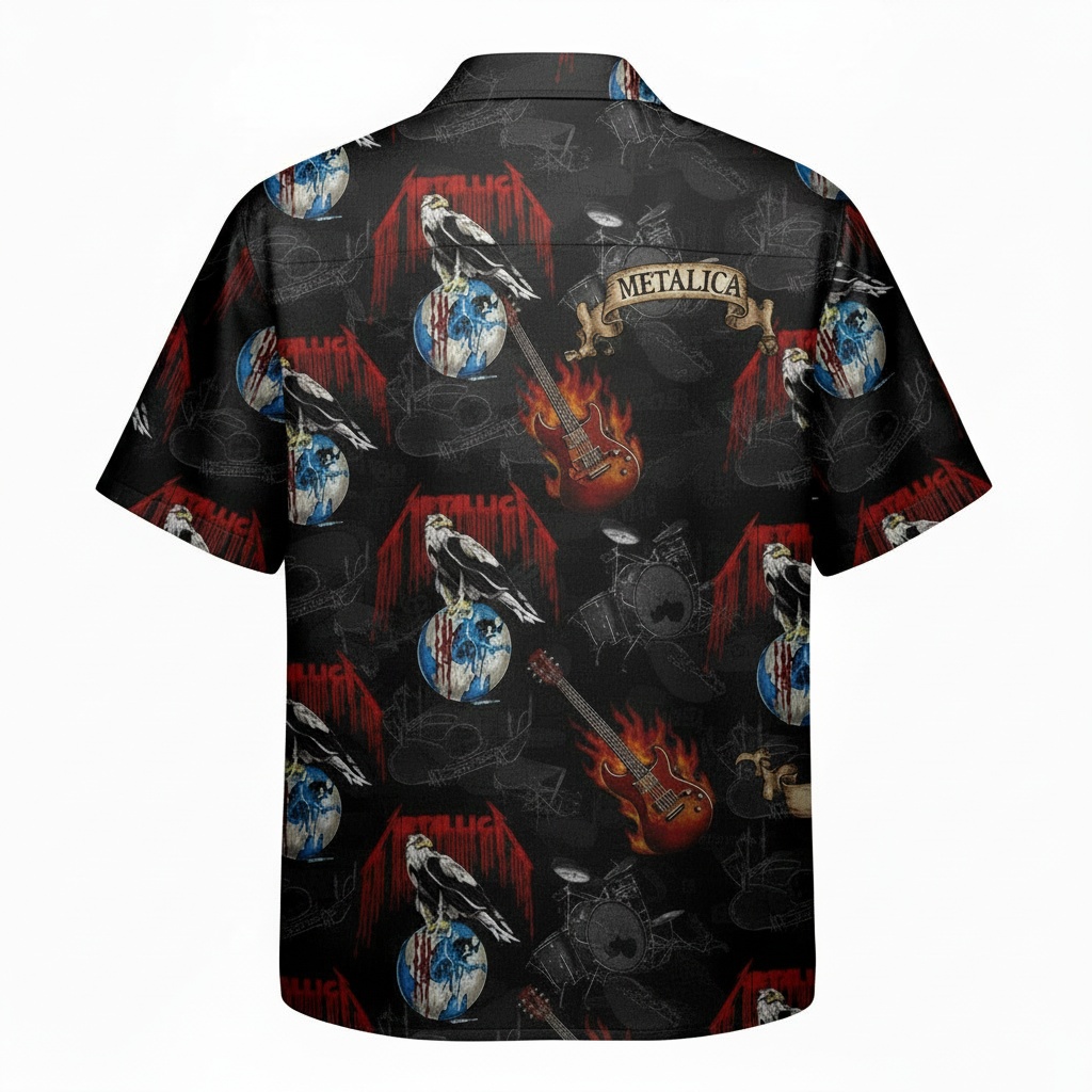 Metallica Black Graphic Print Short Sleeve Hawaiian Shirt Back - Fadebrick.com