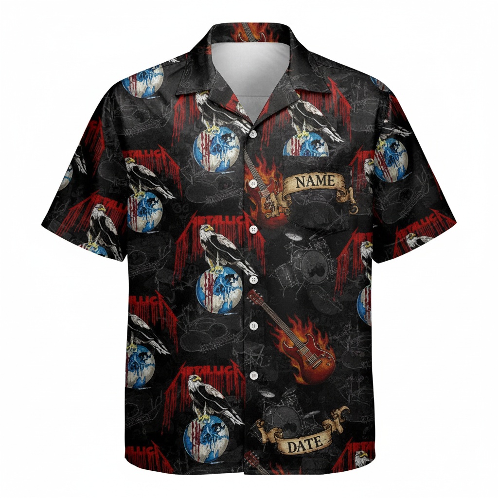 Metallica Black Graphic Print Short Sleeve Hawaiian Shirt Front - Fadebrick.com