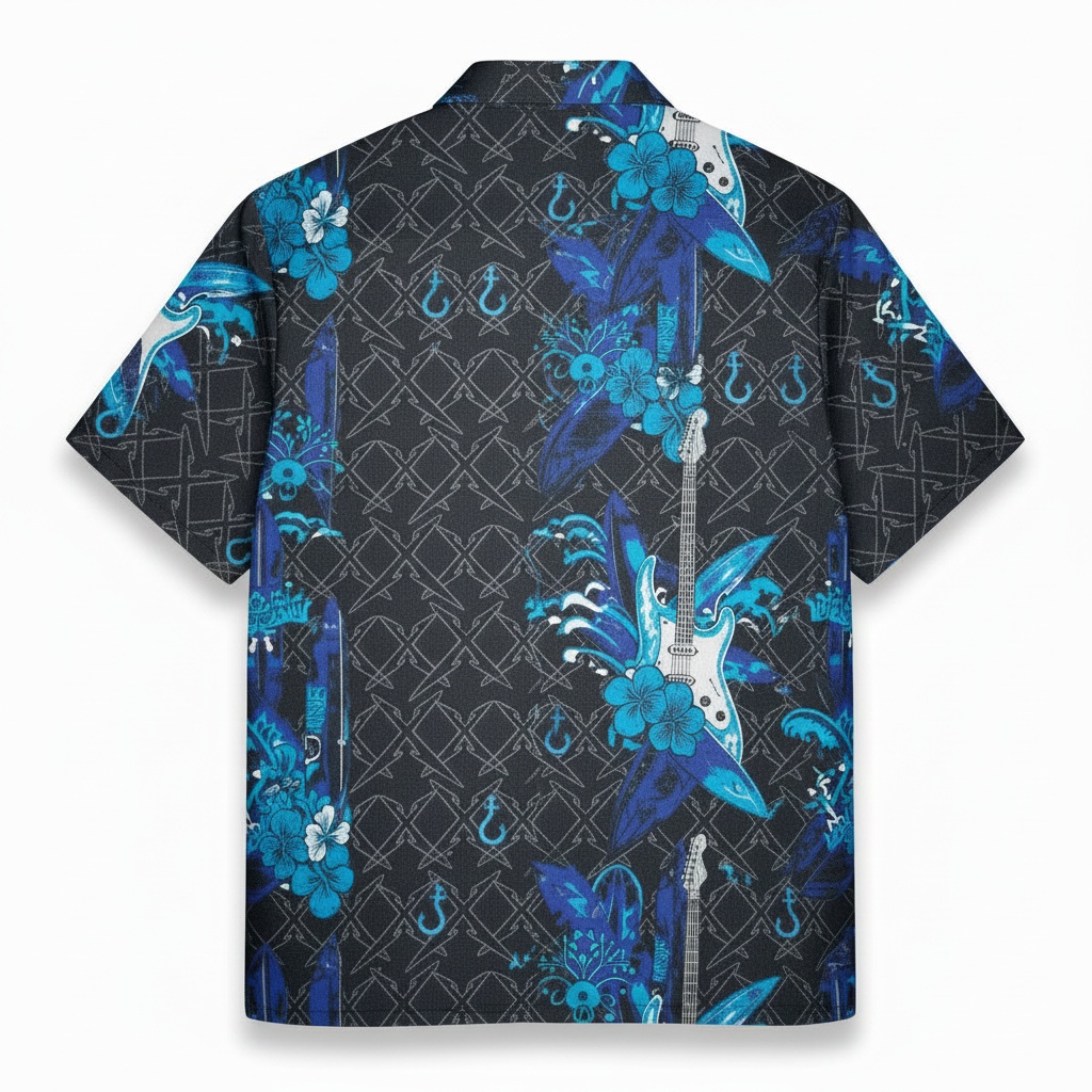 Metallica Blue Guitar Floral Hawaiian Shirt For Men Back - Fadebrick.com