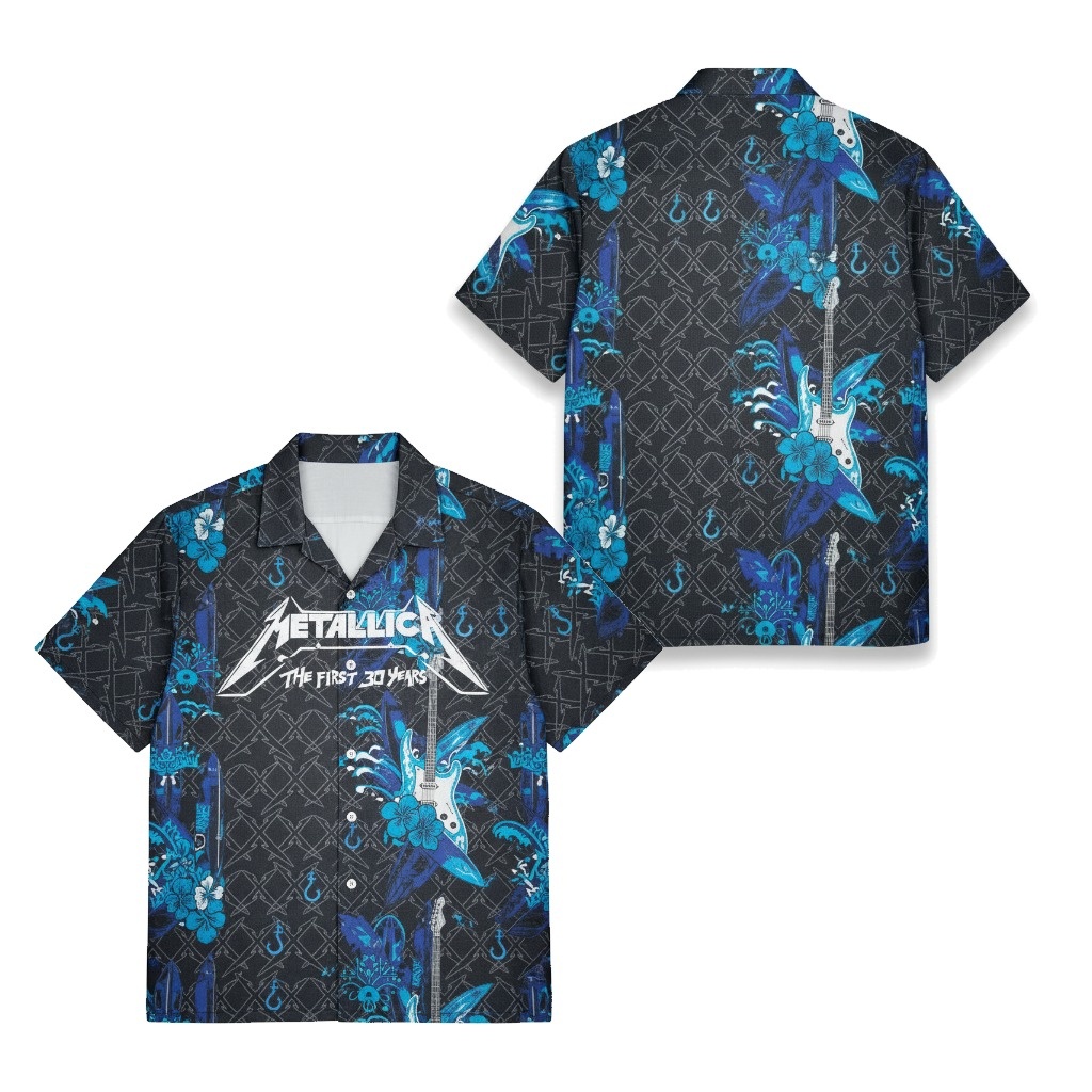 Metallica Blue Guitar Floral Hawaiian Shirt For Men Front Back - Fadebrick.com