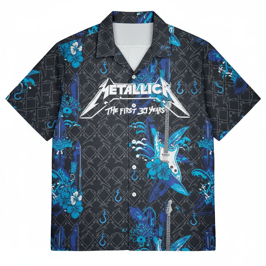 Metallica Blue Guitar Floral Hawaiian Shirt For Men Front - Fadebrick.com