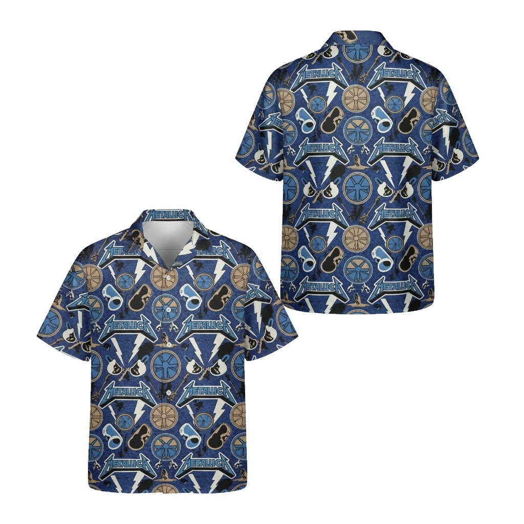 Metallica Blue Hawaiian Shirt Rock Band Graphic Print Front Back - Fadebrick.com