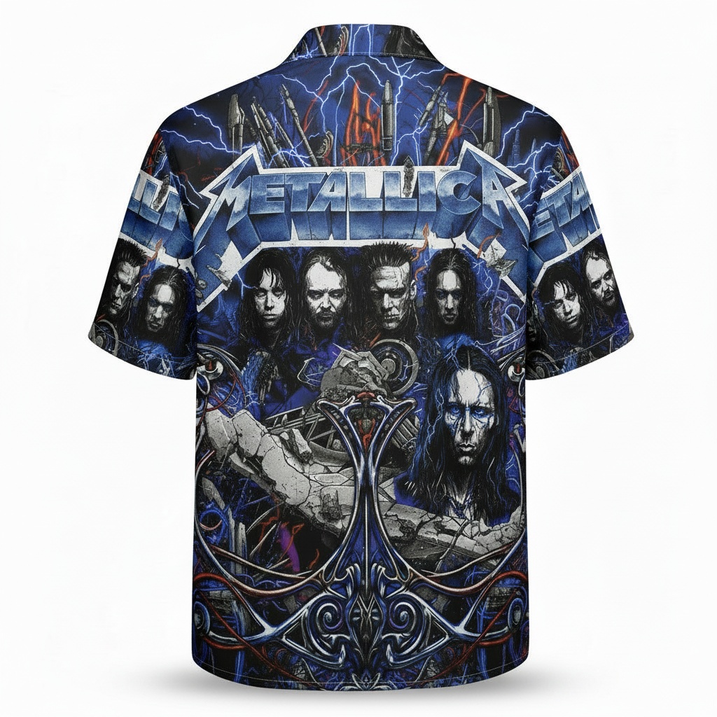 Metallica Blue Lightning Graphic Button Up Shirt Back - Fadebrick.com