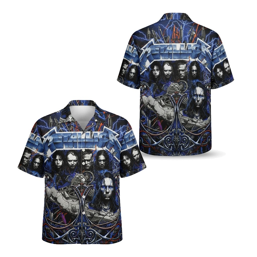 Metallica Blue Lightning Graphic Button Up Shirt Front Back - Fadebrick.com