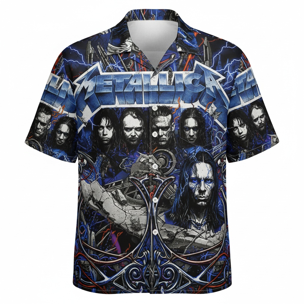Metallica Blue Lightning Graphic Button Up Shirt Front - Fadebrick.com