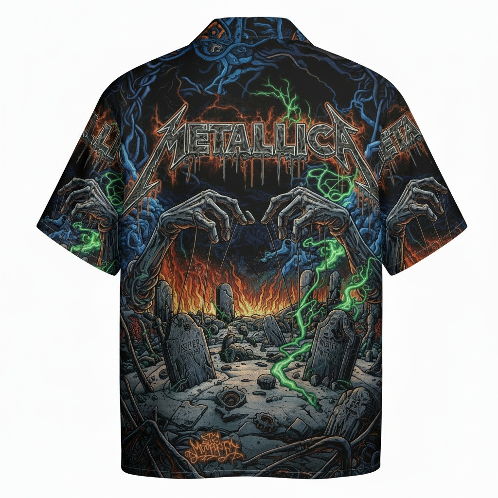 Metallica Cemetery Night Hawaiian Shirt Black Green Back - Fadebrick.com
