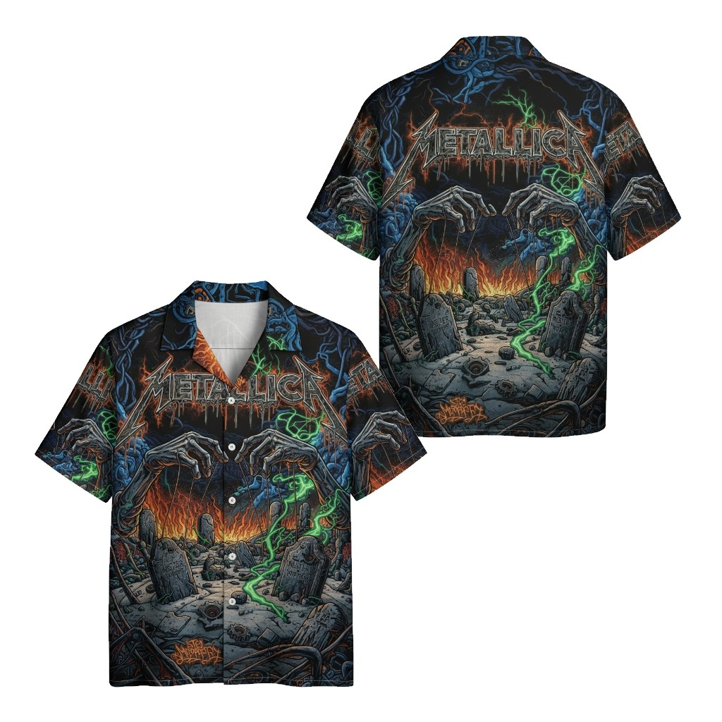 Metallica Cemetery Night Hawaiian Shirt Black Green Front Back - Fadebrick.com