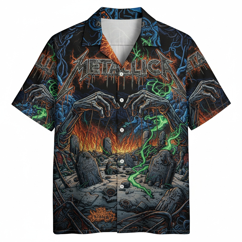 Metallica Cemetery Night Hawaiian Shirt Black Green Front - Fadebrick.com