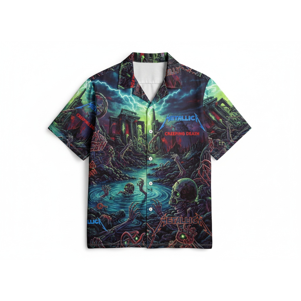 Metallica Creeping Death Graphic Button Up Shirt Front - Fadebrick.com