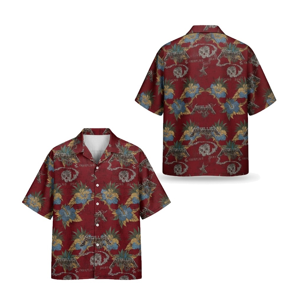 Metallica Creeping Death Hawaiian Shirt Red Floral Skull Front Back - Fadebrick.com