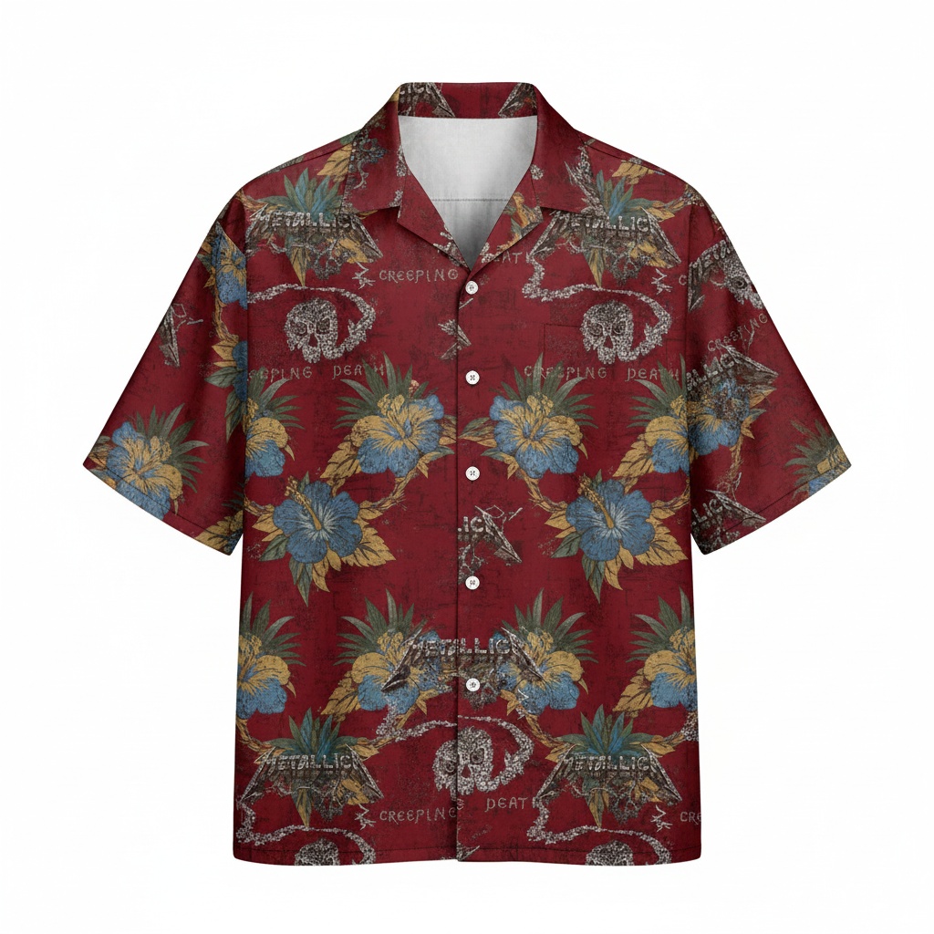 Metallica Creeping Death Hawaiian Shirt Red Floral Skull Front - Fadebrick.com
