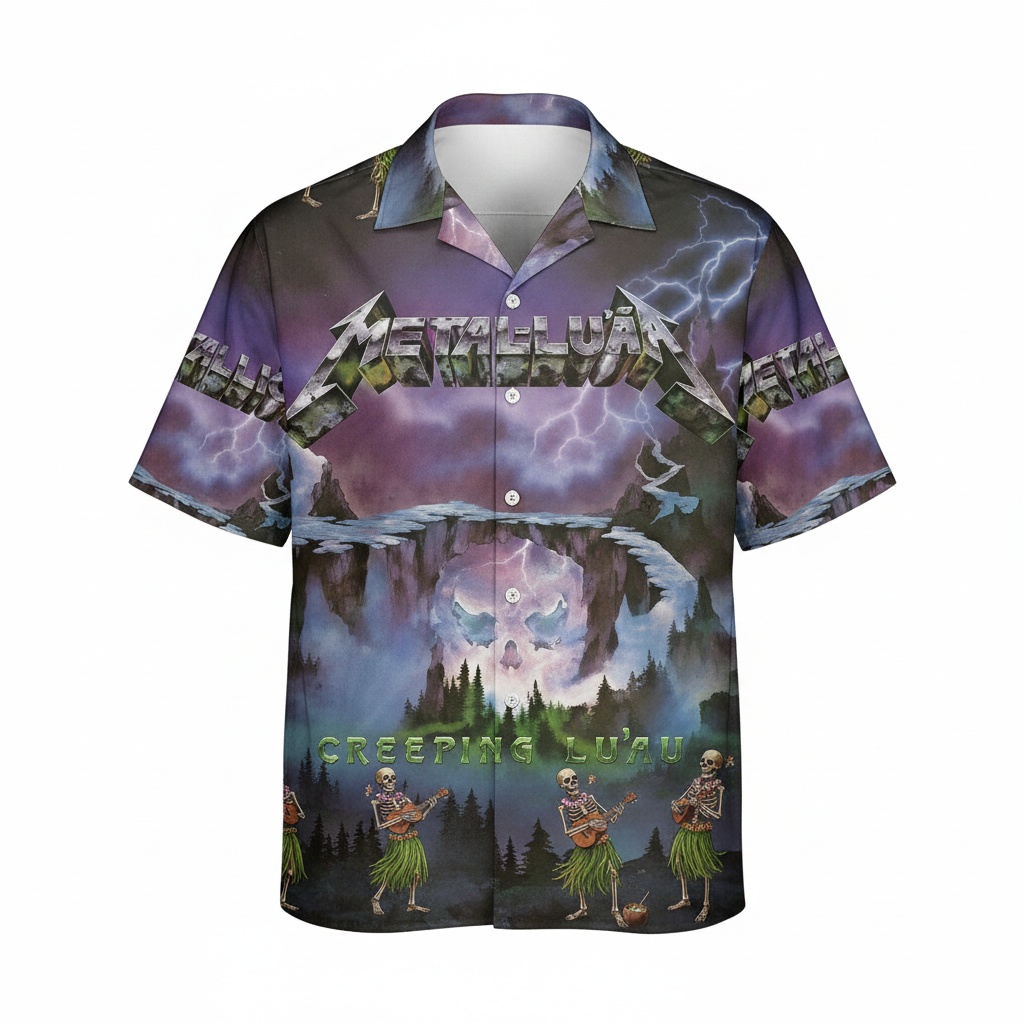Metallica Creeping Luau Hawaiian Shirt Purple Lightning Front - Fadebrick.com