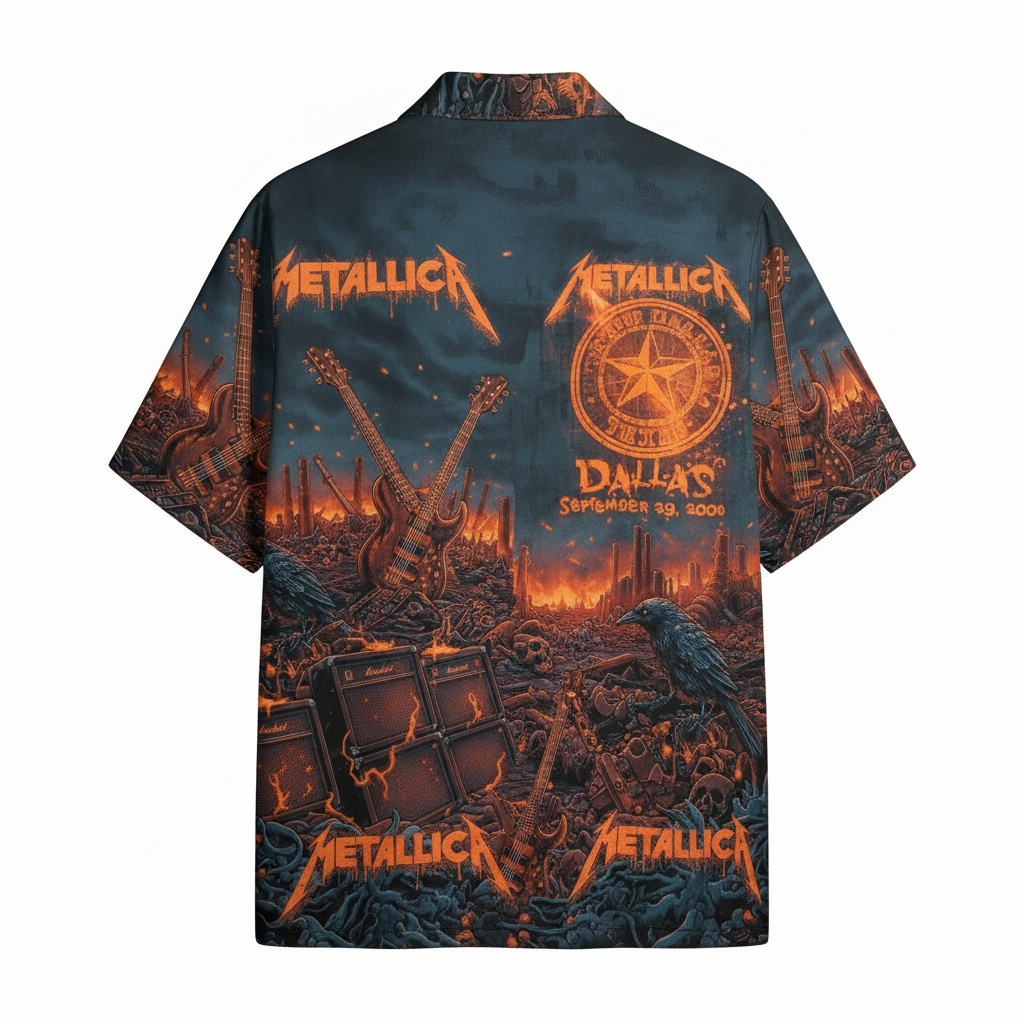 Metallica Dallas 2009 Graphic Print Button Up Shirt Orange Back - Fadebrick.com