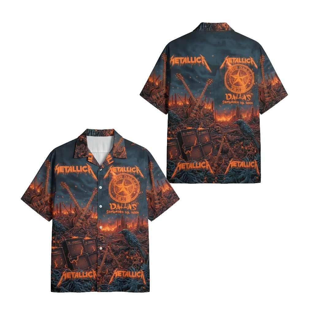 Metallica Dallas 2009 Graphic Print Button Up Shirt Orange Front Back - Fadebrick.com