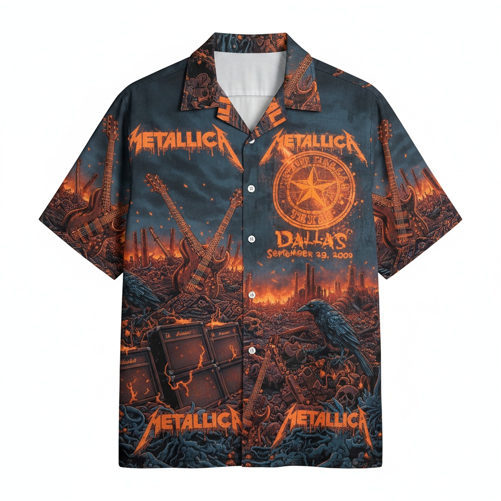 Metallica Dallas 2009 Graphic Print Button Up Shirt Orange Front - Fadebrick.com
