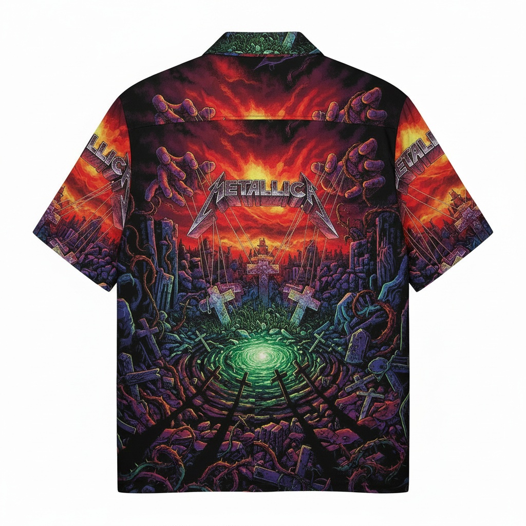 Metallica Dark Fantasy Graphic Print Button Up Shirt Back - Fadebrick.com