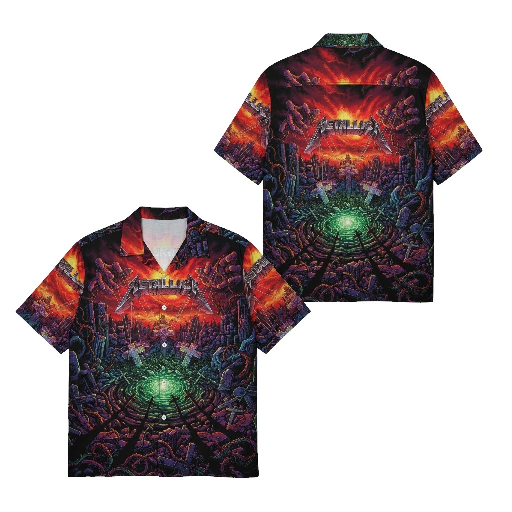 Metallica Dark Fantasy Graphic Print Button Up Shirt Front Back - Fadebrick.com