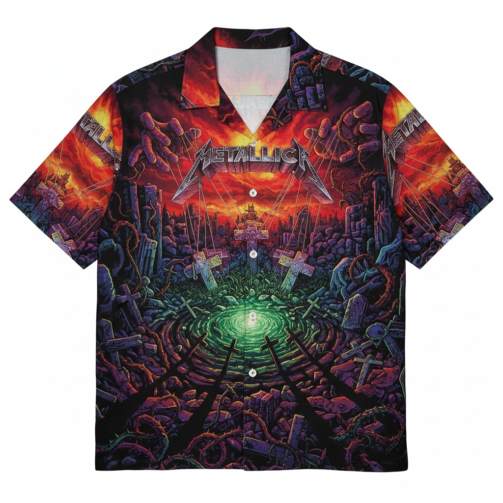 Metallica Dark Fantasy Graphic Print Button Up Shirt Front - Fadebrick.com