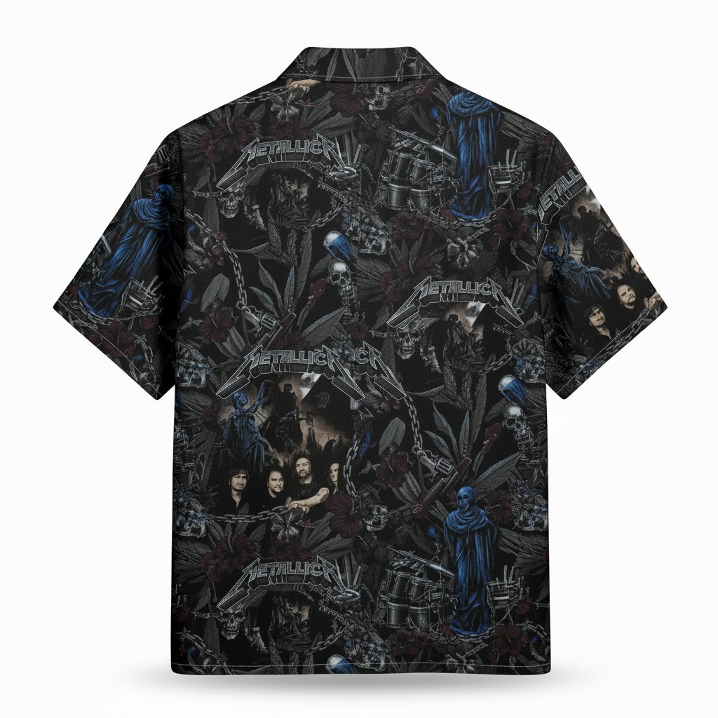 Metallica Dark Floral Print Short Sleeve Hawaiian Shirt Back - Fadebrick.com