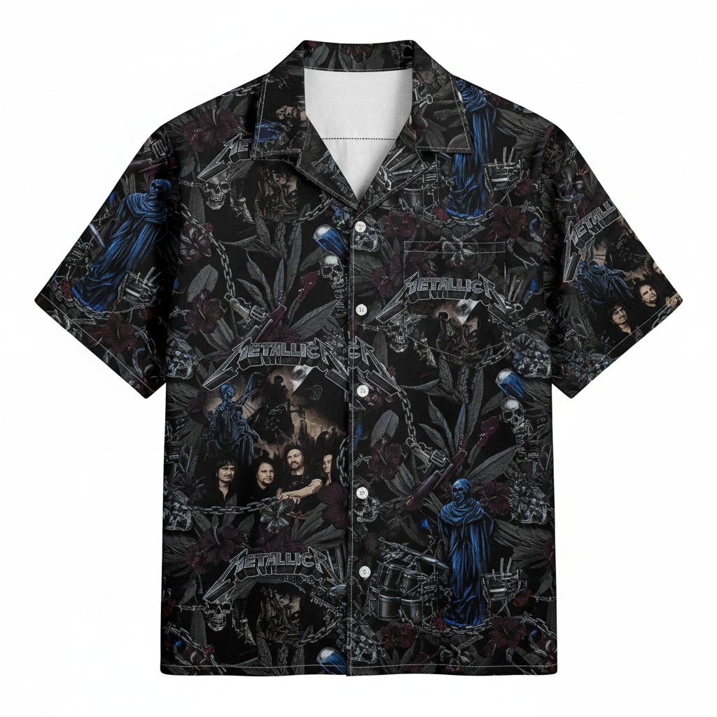 Metallica Dark Floral Print Short Sleeve Hawaiian Shirt Front - Fadebrick.com