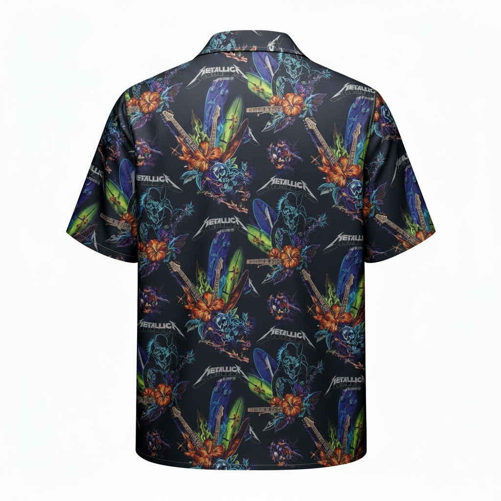 Metallica Dark Floral Skull Hawaiian Shirt Rock Band Style Back - Fadebrick.com
