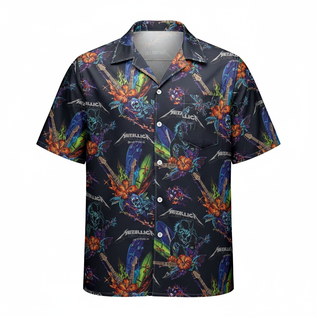 Metallica Dark Floral Skull Hawaiian Shirt Rock Band Style Front - Fadebrick.com