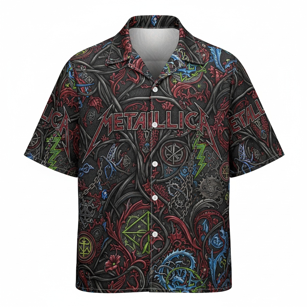 Metallica Dark Gothic Print Button Up Shirt Front - Fadebrick.com