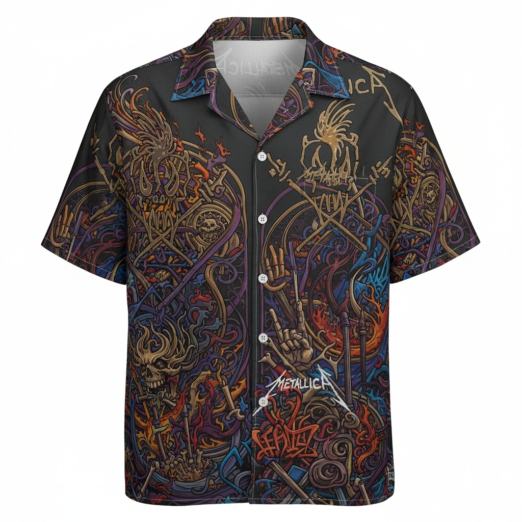 Metallica Dark Graphic Print Button Up Shirt Front - Fadebrick.com