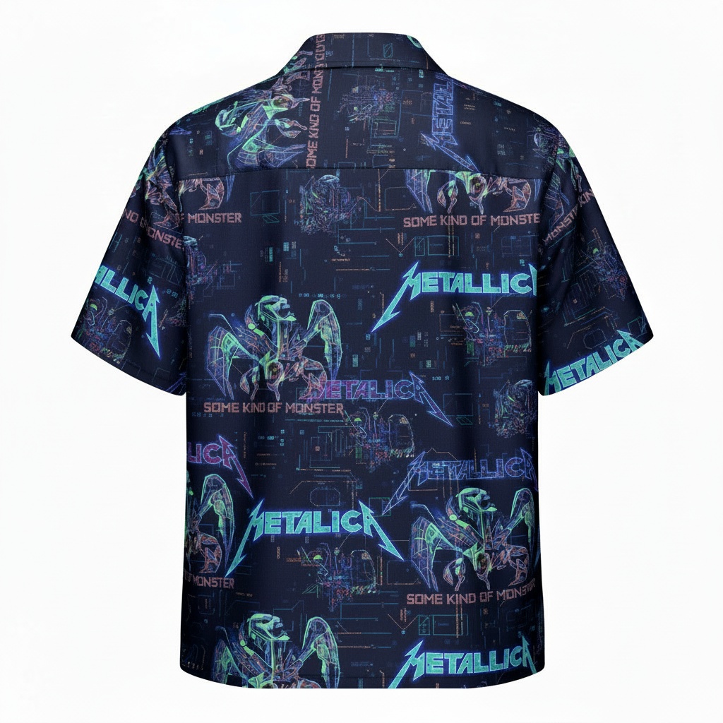 Metallica Dark Navy Blue Graphic Print Button Up Shirt Back - Fadebrick.com