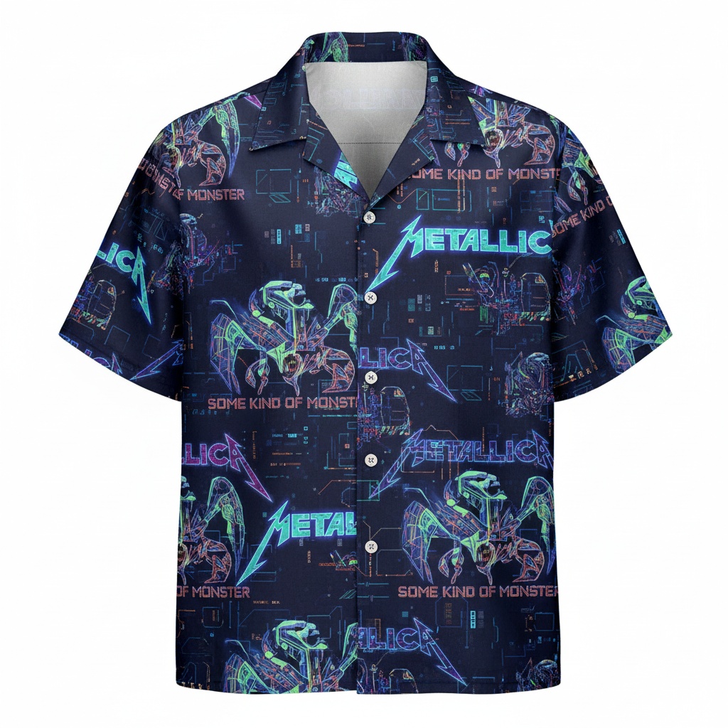 Metallica Dark Navy Blue Graphic Print Button Up Shirt Front - Fadebrick.com
