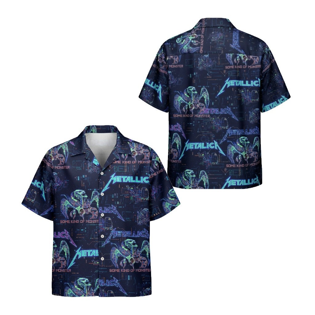 Metallica Dark Navy Blue Graphic Print Button Up Shirt - Fadebrick.com