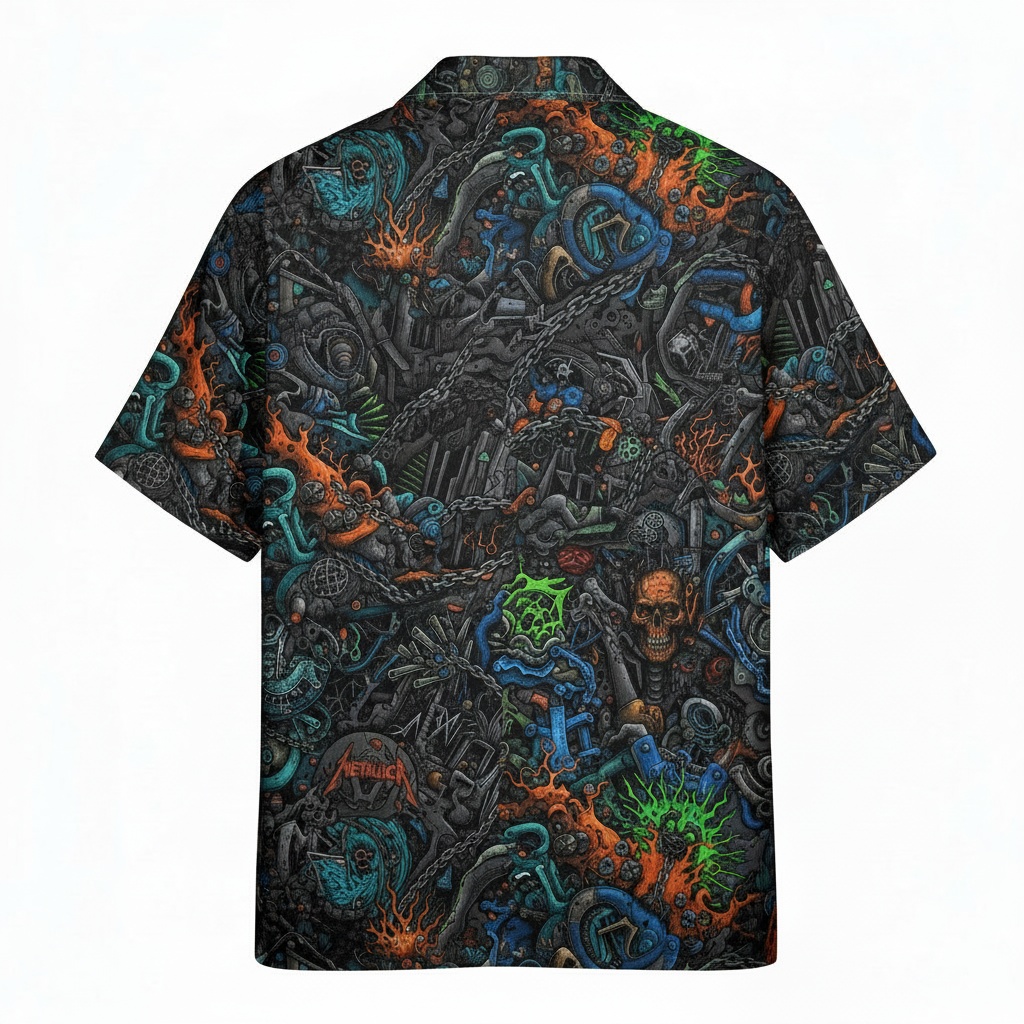 Metallica Dark Rock Inspired Button Up Shirt Black Orange Back - Fadebrick.com