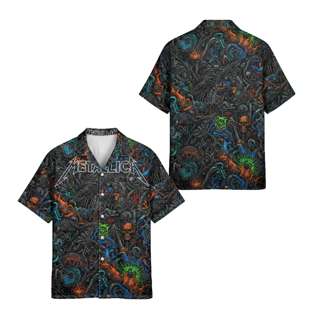 Metallica Dark Rock Inspired Button Up Shirt Black Orange Front Back - Fadebrick.com