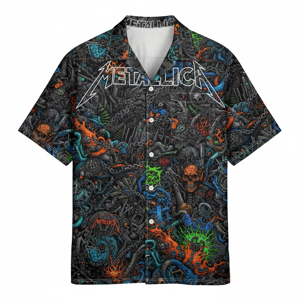 Metallica Dark Rock Inspired Button Up Shirt Black Orange Front - Fadebrick.com