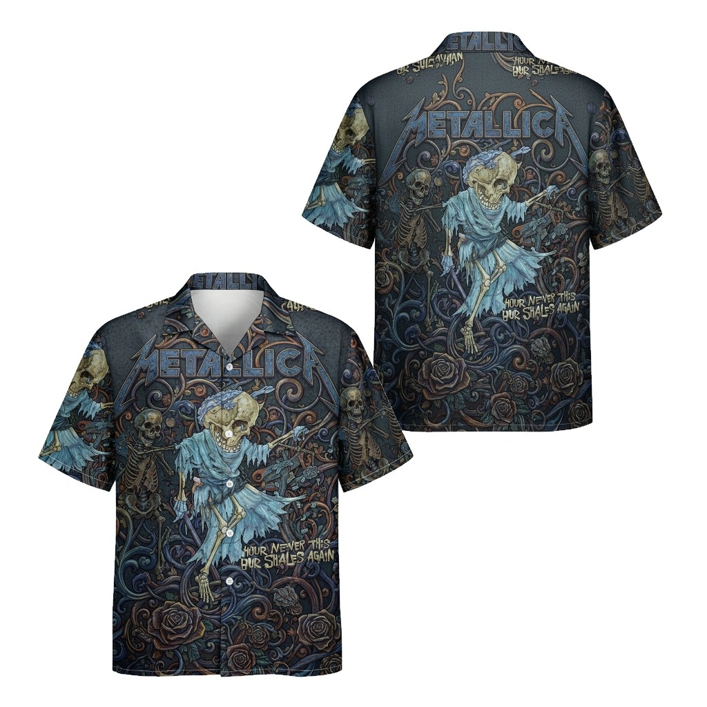 Metallica Dark Skeleton Floral Hawaiian Shirt 48 Front Back - Fadebrick.com