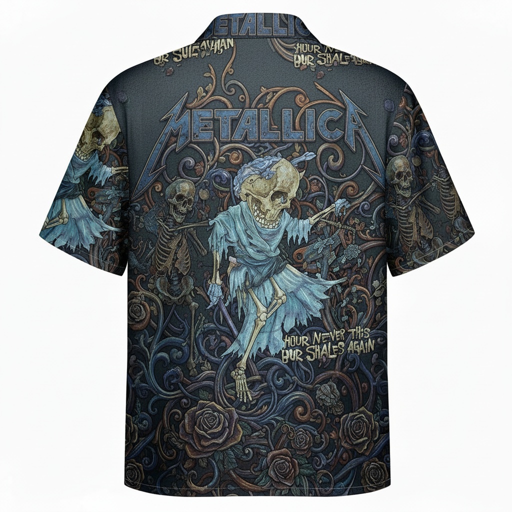 Metallica Dark Skeleton Floral Hawaiian Shirt Back - Fadebrick.com
