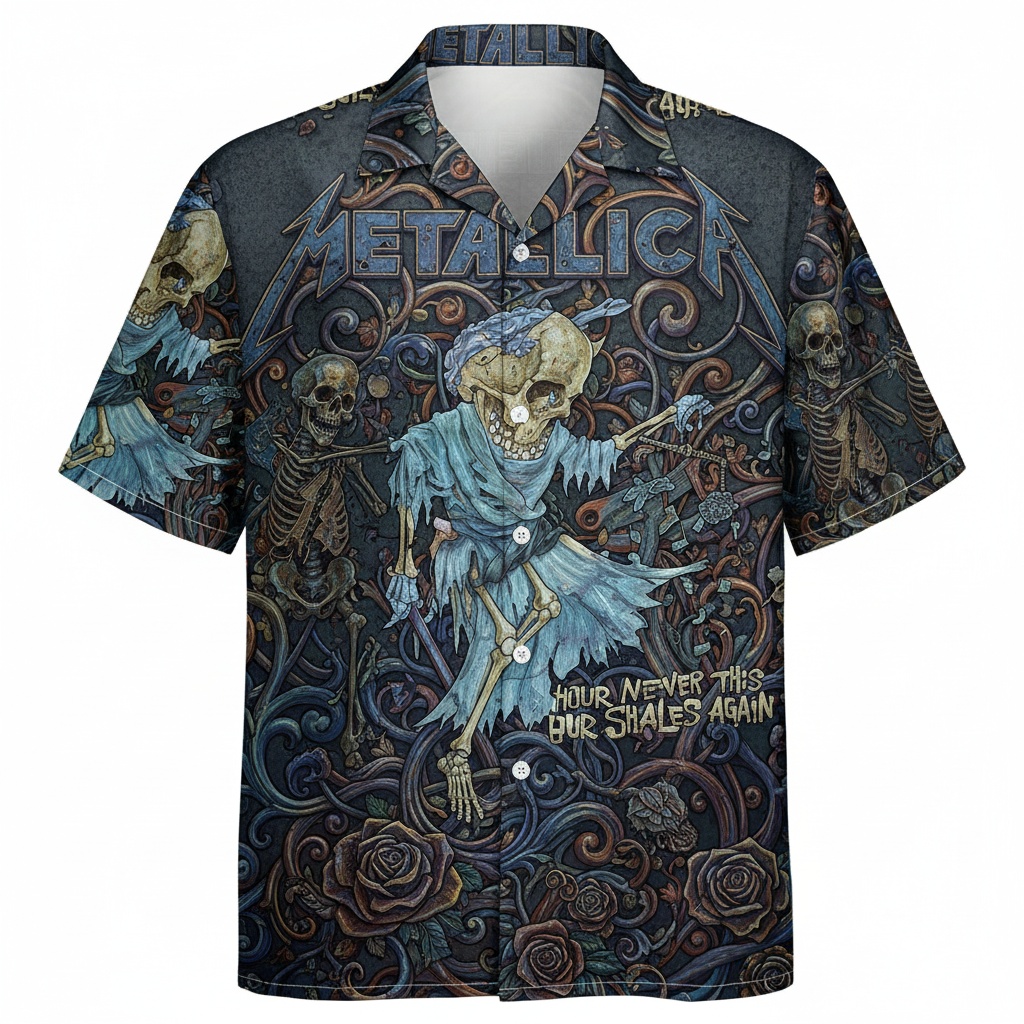 Metallica Dark Skeleton Floral Hawaiian Shirt Front - Fadebrick.com