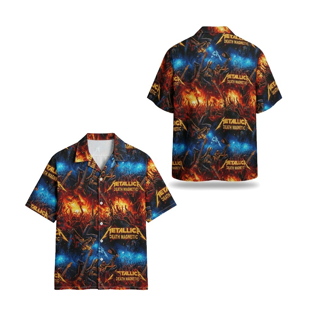 Metallica Death Magnetic Hawaiian Shirt Fire Blue Design Front Back - Fadebrick.com