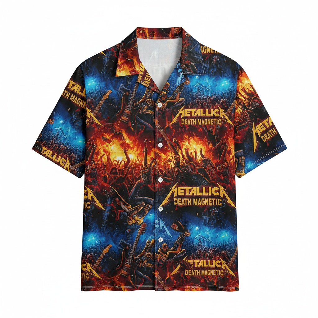 Metallica Death Magnetic Hawaiian Shirt Fire Blue Design Front - Fadebrick.com