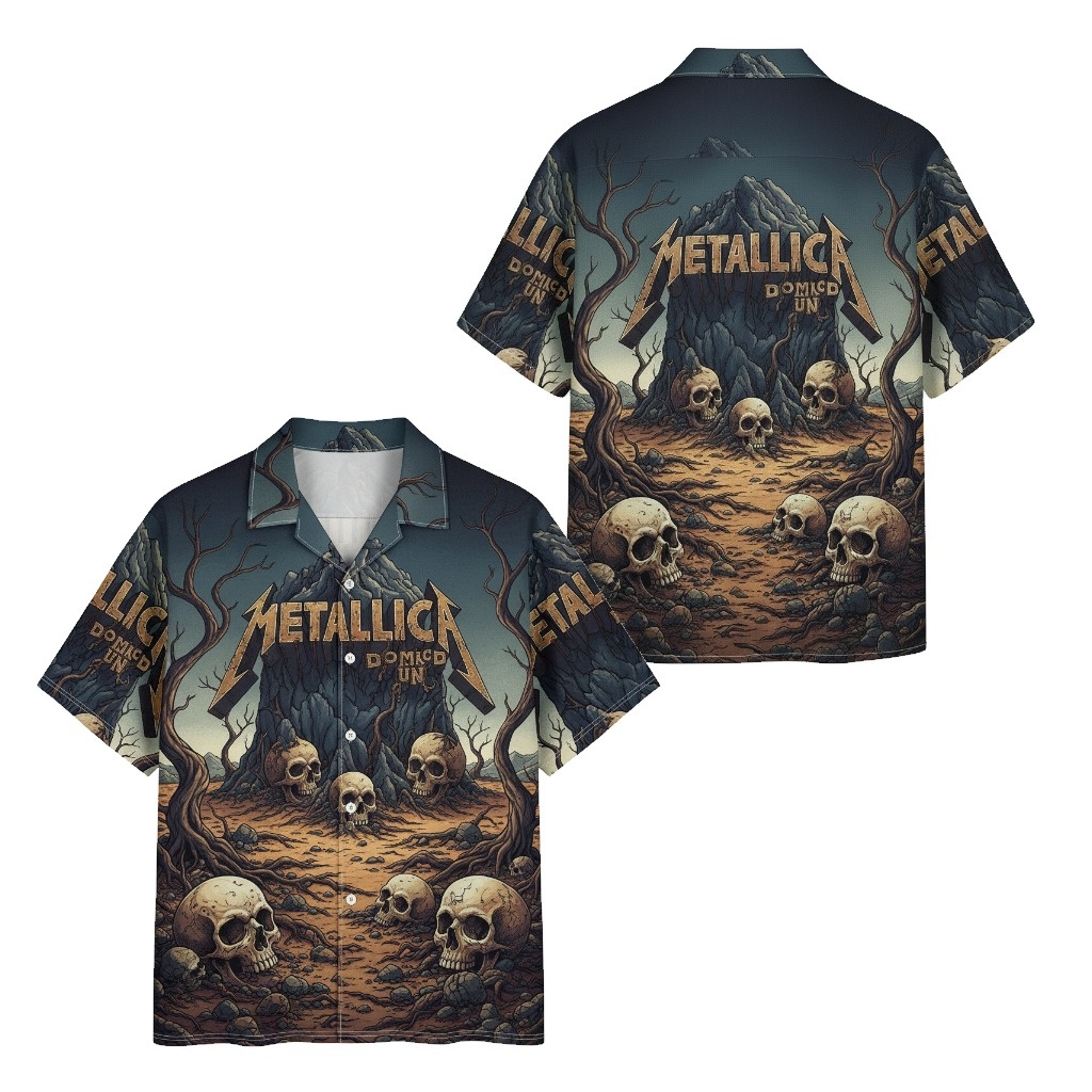Metallica Domed Un Skull Graphic Hawaiian Shirt Dark Tones Front Back - Fadebrick.com
