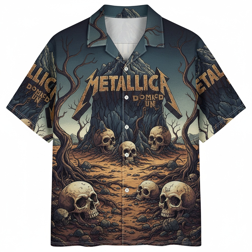 Metallica Domed Un Skull Graphic Hawaiian Shirt Dark Tones Front - Fadebrick.com