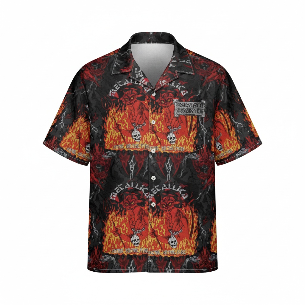 Metallica Fiery Demon Hawaiian Shirt Black Red Front - Fadebrick.com