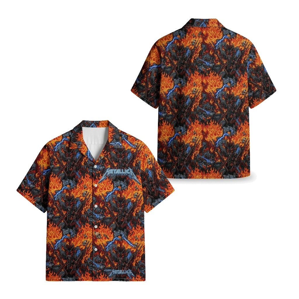 Metallica Fiery Demon Hawaiian Shirt Orange Black Blue Front Back - Fadebrick.com